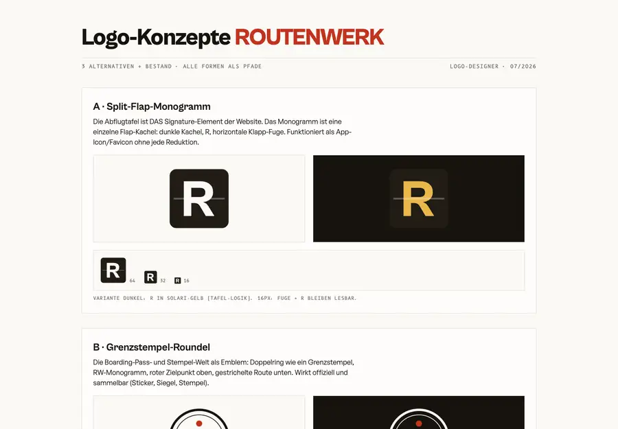Ausschnitt aus dem Logo-Konzepte-Dokument: Konzept A, ein Split-Flap-Monogramm mit dem Buchstaben R als dunkle Anzeigetafel-Kachel, in mehreren Größen und Farbvarianten.